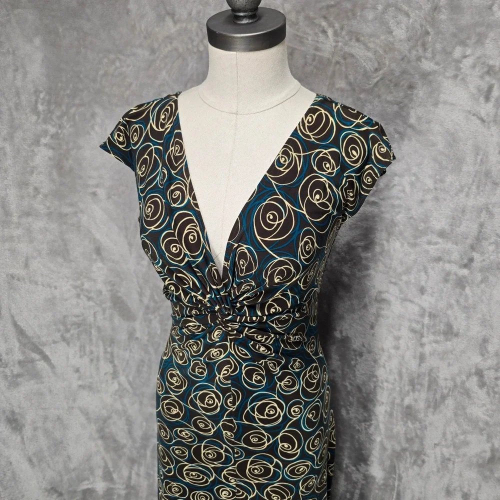 Vtg London Times Sheath Dress Women 6 Brown Abstract Swirl Ruched V-Neck Y2K Mod